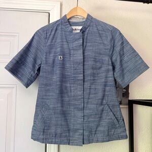 HEDLEY & BENNETT blue black snap button up cropped short sleeve shirt top